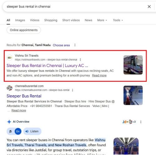 Organic SEO ranking proof for Travels Company in Chennai