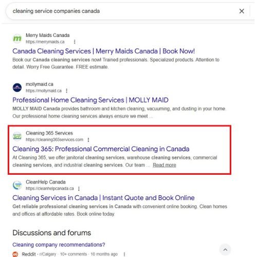 Organic SEO ranking proof for Cleaning Services Company in Canada