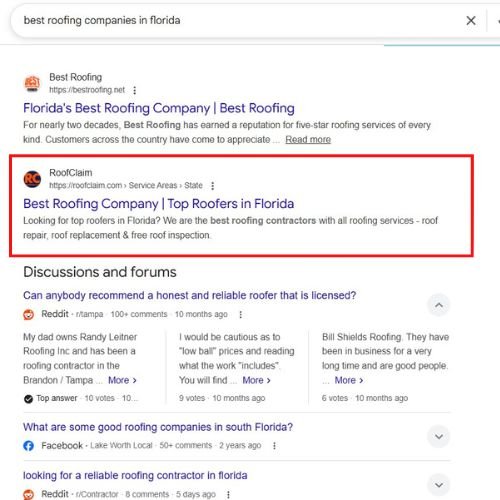 Organic SEO ranking proof for Roofing Company in Florida